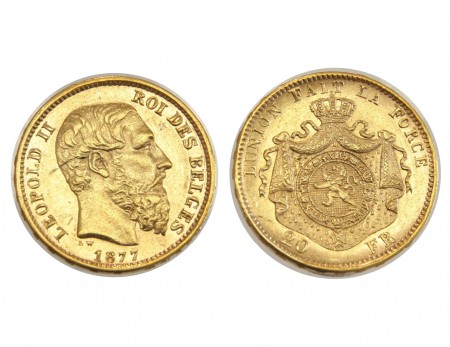 210 EUR  20 Francos 1877 Belgica  ORO 900  6,45 gr